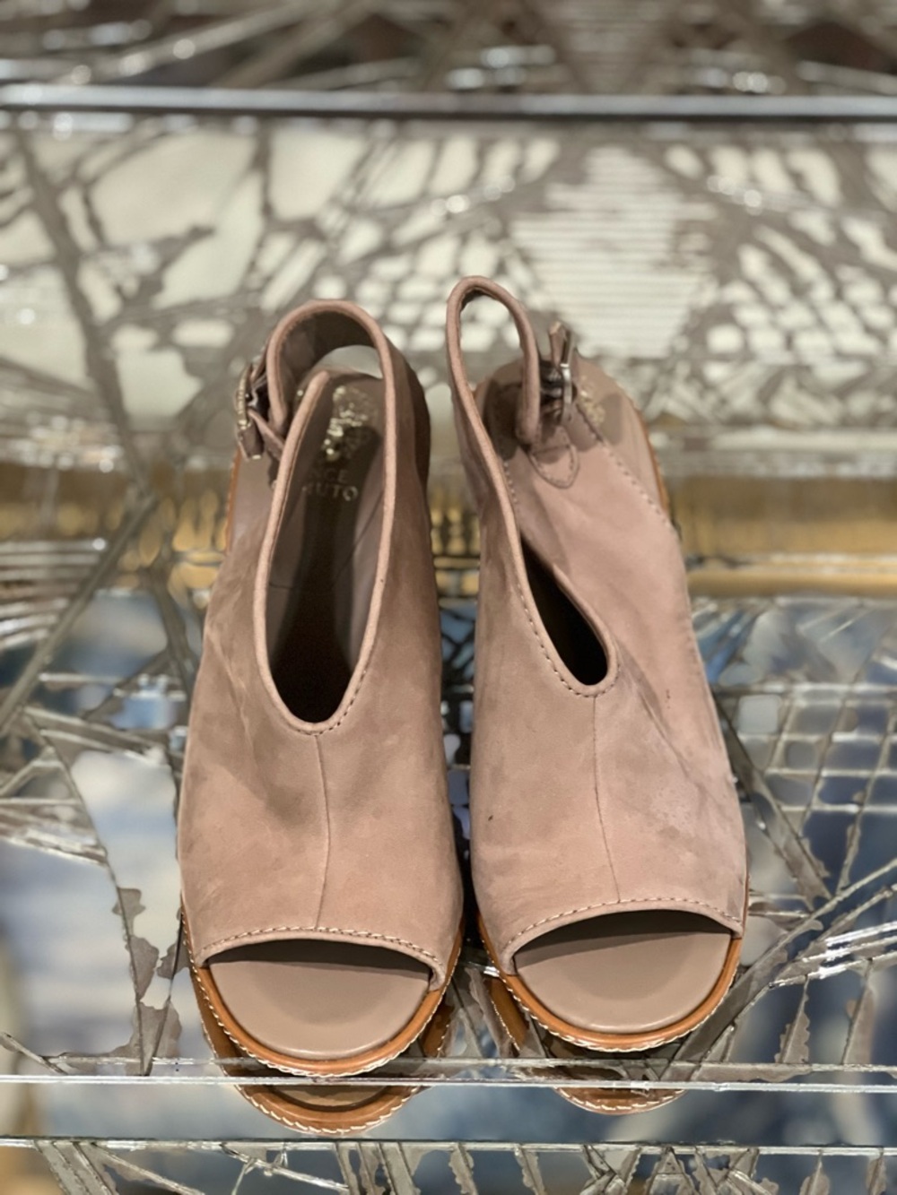 Vince Camuto Suede Peep-Toe Slingback Wedge Sandals - Taupe Size 9